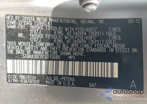 2012 Toyota Sienna Le 8 Passenger from USA, damaged, VIN 5TDKA3DC0CS015689